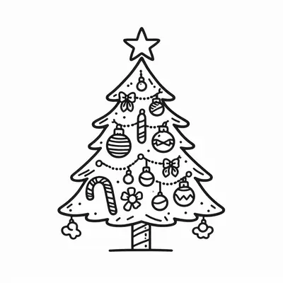 Christmas tree decorated with a star, ornaments, bows, garlands and a candy cane, on a white background, to color