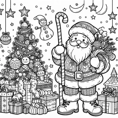 Coloring page of Santa with a large candy cane, a decorated tree, stockings, presents and a snowman