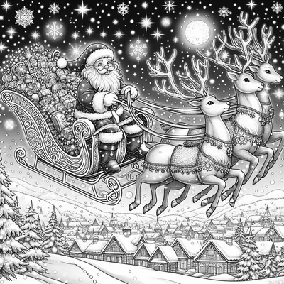 Printable Santa in his sleigh pulled by three reindeer over a snowy village, under a starry sky
