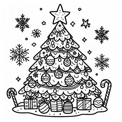 Printable star-topped tree with garlands and ornaments standing on snow with presents, two candy canes and snowflakes